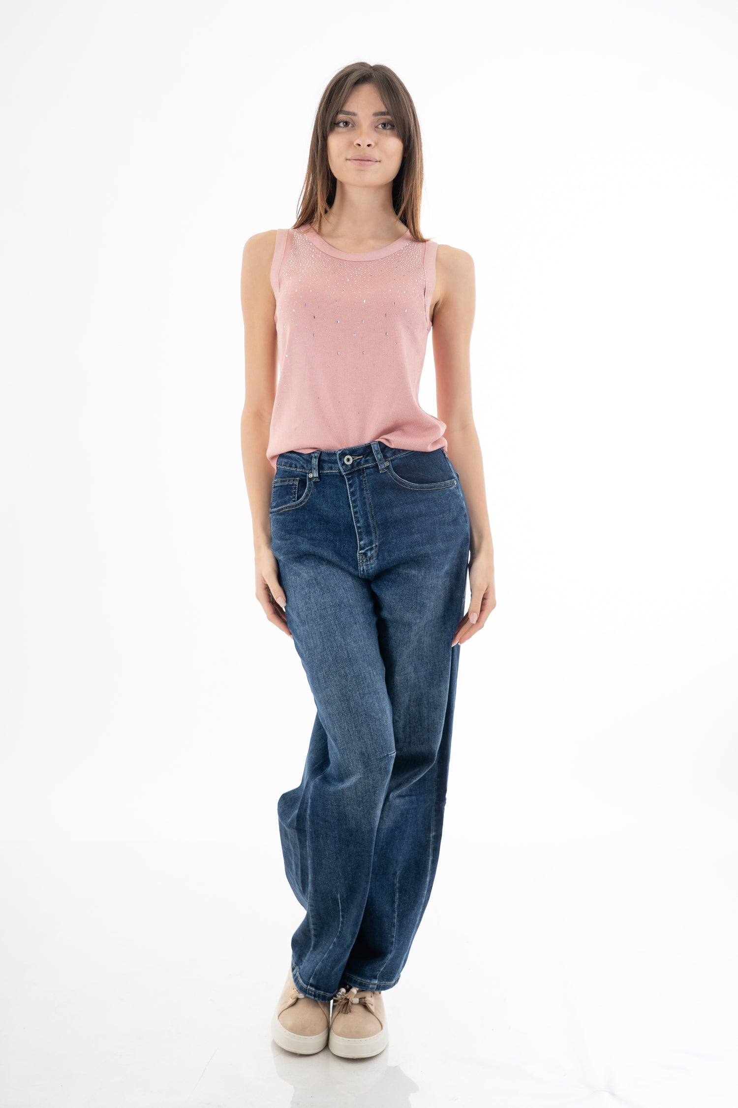 Jeans wide leg vita alta con tagli frontali in denim elasticizzato