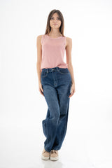 Jeans wide leg vita alta con tagli frontali in denim elasticizzato