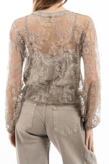 modella indossando Cardigan in pizzo floreale trasparente con scollo V colore