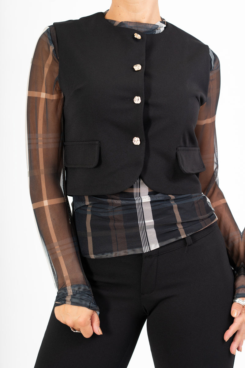 Gilet corto in crep con bottoni gioiello