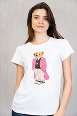 T-shirt in Cotone Elasticizzato con Stampa Orsetto Chic Blu