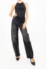 Top in viscosa elasticizzata con pizzo e allacciatura al collo